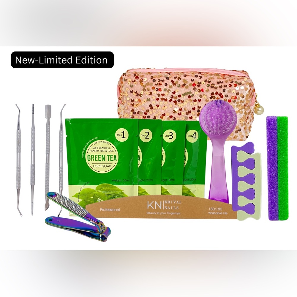 15 Pcs Green Tea Pedicure Gift Set in Pink Velvet Sequin Bag